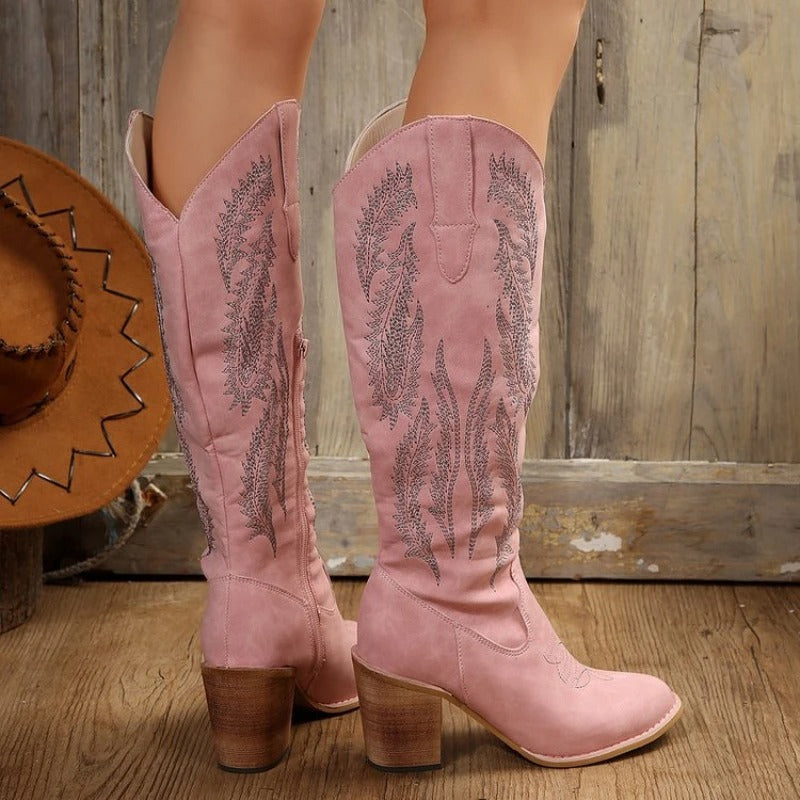 Louise - Bottes de cow-boy roses avec broderie et boucle en cuir