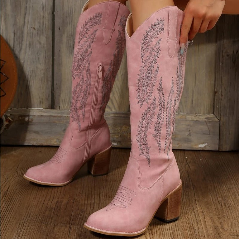 Louise - Bottes de cow-boy roses avec broderie et boucle en cuir